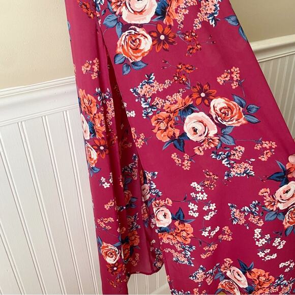 Pink Lily Boutique | Floral Maxi Dress V-neck Side Slit Berry Red Small - Picture 7 of 10